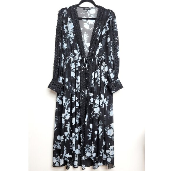 Torrid 1 Black Floral Chiffon Tie Front Maxi Kimono 1X 14 16 - Picture 6 of 12